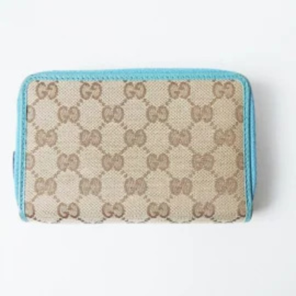 Gucci GG Bi fold Wallet Beige Cream x Dark Brown Blue Jacquard Leather